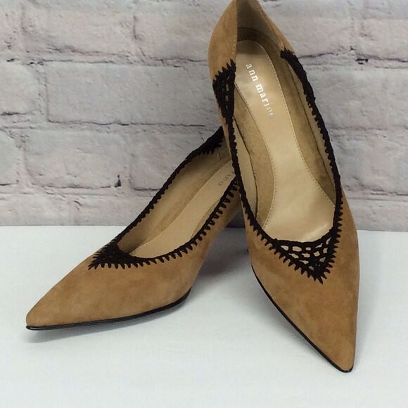 Ann Marino Shoes - Ann Marino Leather Suede Pump Shoes Womens Size 7.5 Tan/Black Crochet Trim Heels